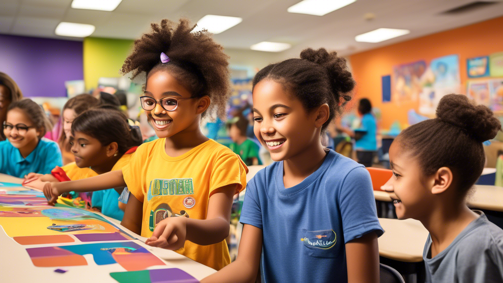 A vibrant and engaging classroom setting where children of diverse ages and backgrounds are enthusiastically participating in interactive STEM games. The room is filled with colorful posters, gadgets,