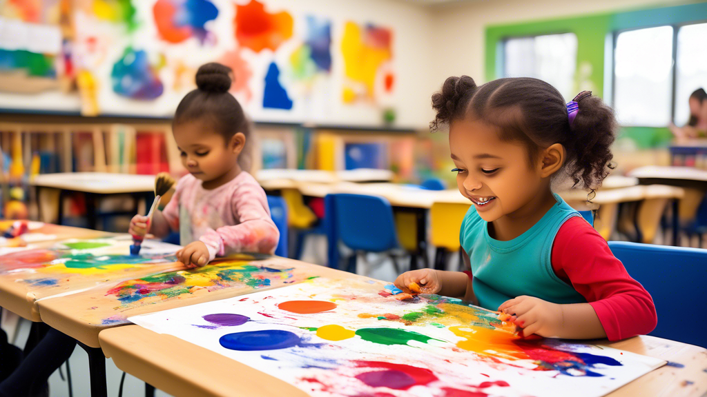 A vibrant classroom filled with young children engaged in a playful and interactive learning experience. Colorful paints, musical instruments, and various art materials are scattered around the room, 