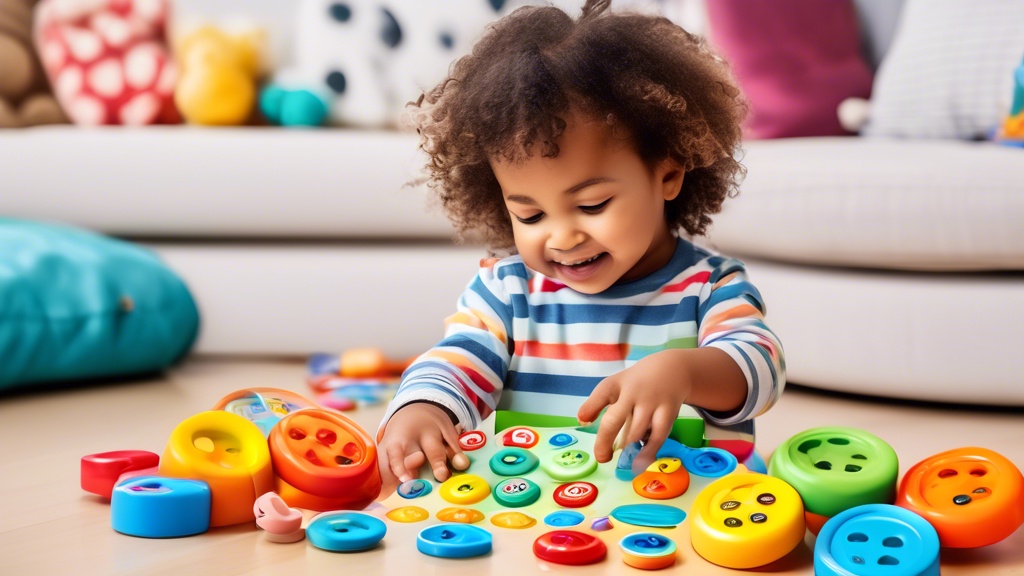 Create an image of a colorful and engaging interactive learning toy designed for toddlers, featuring a variety of buttons, shapes, and bright lights to encourage exploration and discovery. The toy should be age-appropriate, safe, and educational, wit