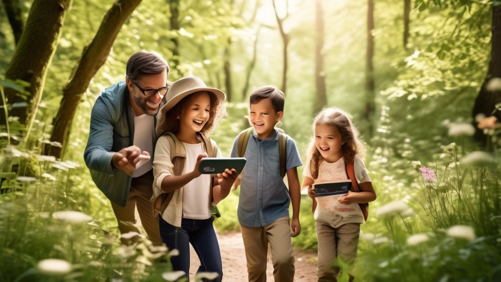 A family of four exploring a nature trail together, with the children using interactive elements along the way, such as magnifying glasses, touch screens, and sound stations. The trail is surrounded b