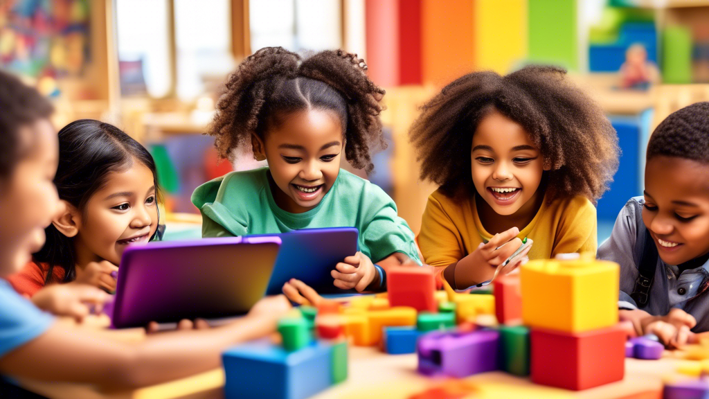 Create an image of a diverse group of kindergarten students using educational tools and technology in a colorful and interactive classroom setting. Include children working on tablets and laptops, building with blocks, and engaging with hands-on lear