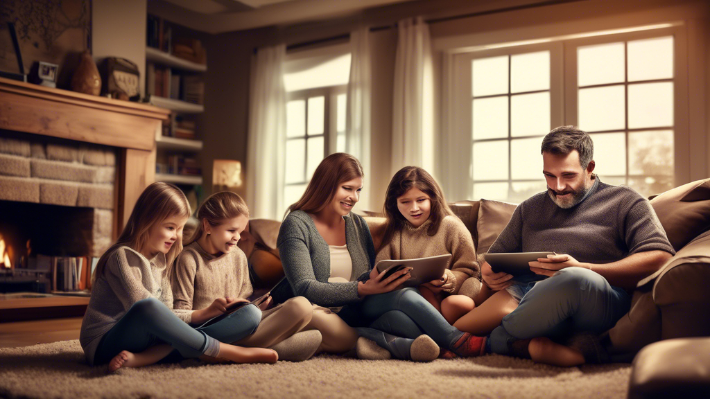 A family of different ages sitting together in a cozy living room using a variety of electronic devices for educational purposes. The devices could include laptops, tablets, and smartphones. The famil
