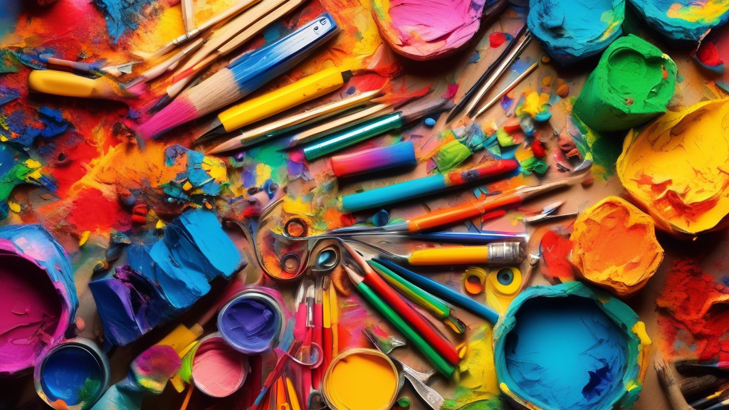 A colorful and inspiring explosion of art and creativity, featuring an array of art tools and materials for children of all ages. The imagery should convey a sense of boundless imagination and the joy