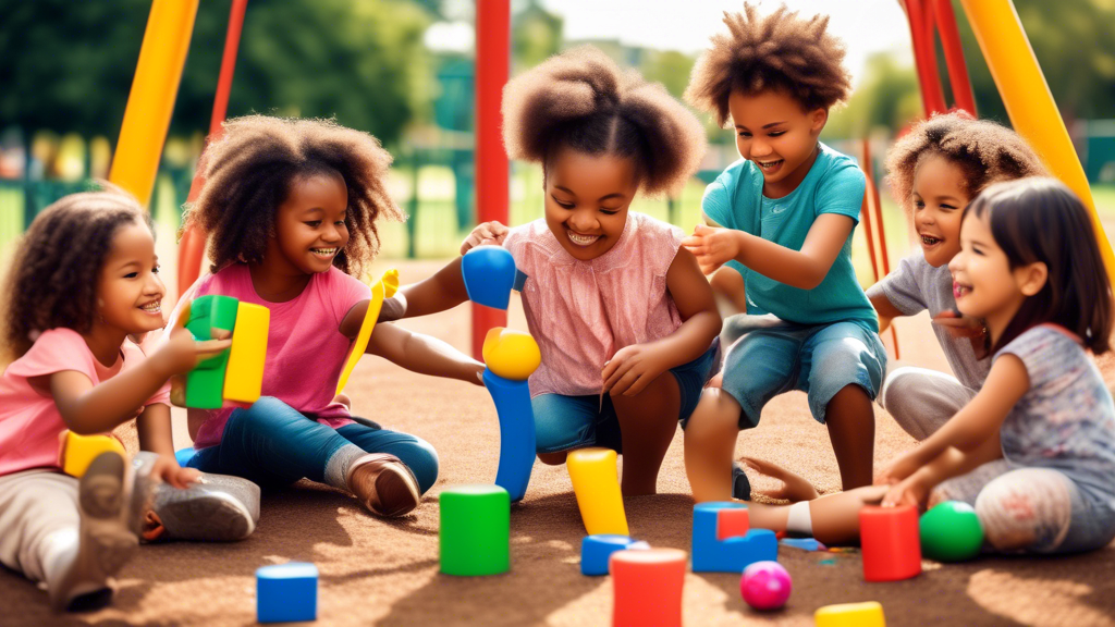 Create an image of a diverse group of young children playing together in a playground, showing them cooperating, sharing toys, and communicating effectively to showcase the importance of play in developing social skills in early childhood.