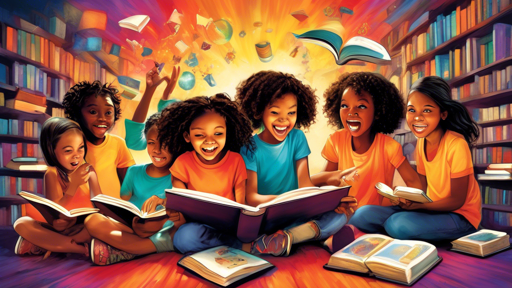 A visually captivating image that represents the concept of engaging reluctant readers. Depict a group of diverse children or young adults immersed in a captivating reading experience. Show them inter