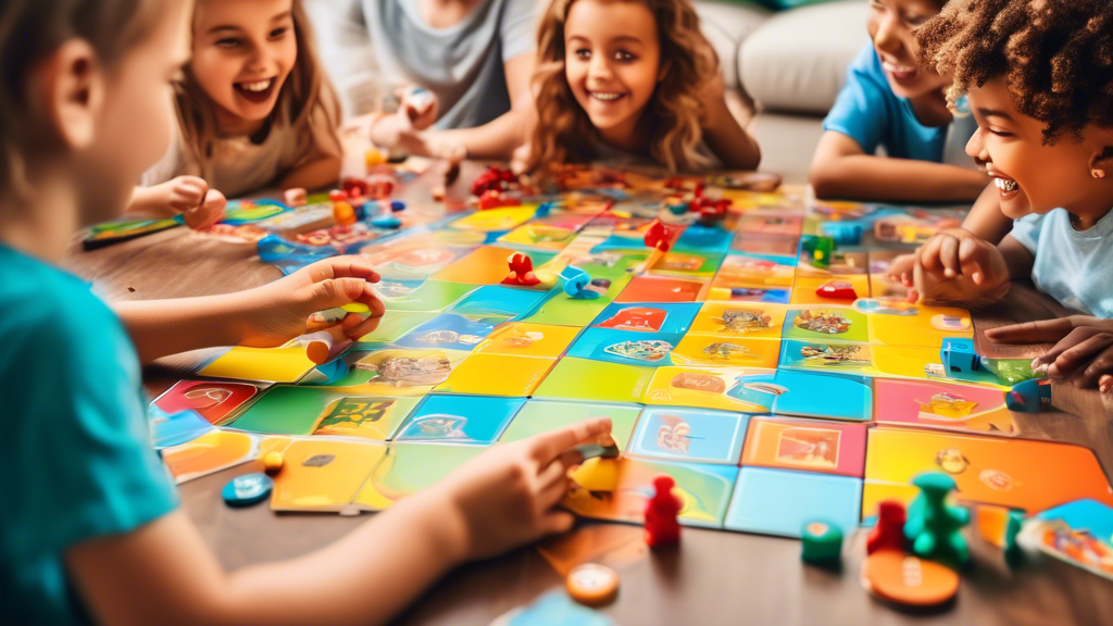 A colorful and engaging board game table with various educational board games spread out, surrounded by a group of children and parents playing and laughing together.