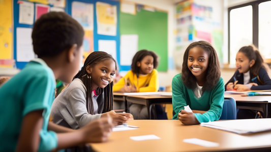 A vibrant and dynamic classroom where students are actively engaged in critical thinking activities. The teacher is facilitating a discussion and encouraging students to share their ideas and perspect