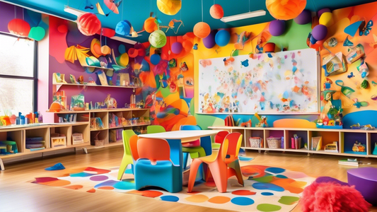 A vibrant and playful classroom setting where imagination and creativity soar. Children engage in hands-on activities, laughter fills the air, and the walls are adorned with colorful creations, symbol