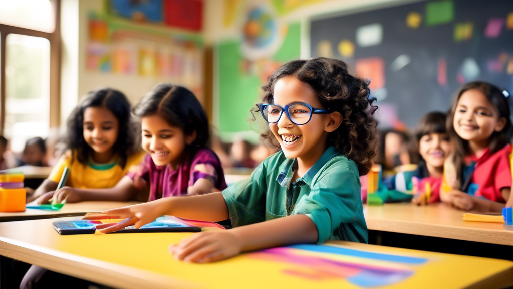 A classroom filled with children engaged in interactive and playful learning activities, where the environment is vibrant, colorful, and stimulates curiosity. The teacher is using technology and innov