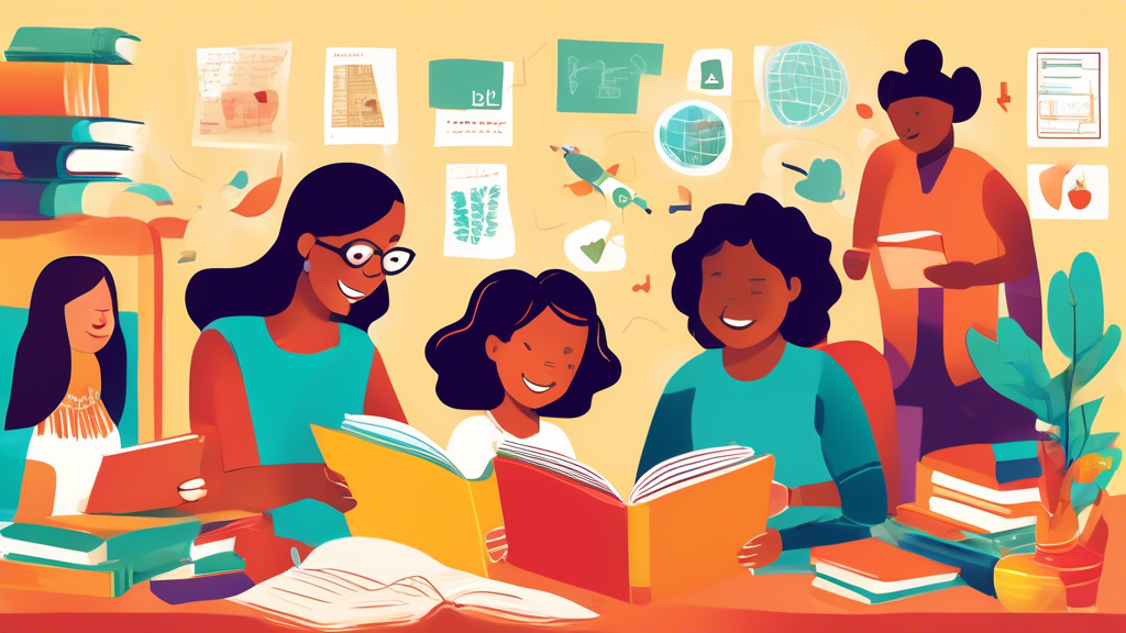 A vibrant illustration of diverse parents and educators collaborating to implement effective literacy strategies, fostering a supportive and empowering environment for young learners. Books, technolog