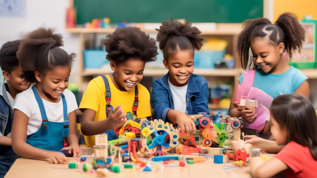 A classroom full of children engaged in hands-on activities with STEAM toys, such as building blocks, gears, and circuits. The toys are arranged in a way that encourages collaboration and problem-solv