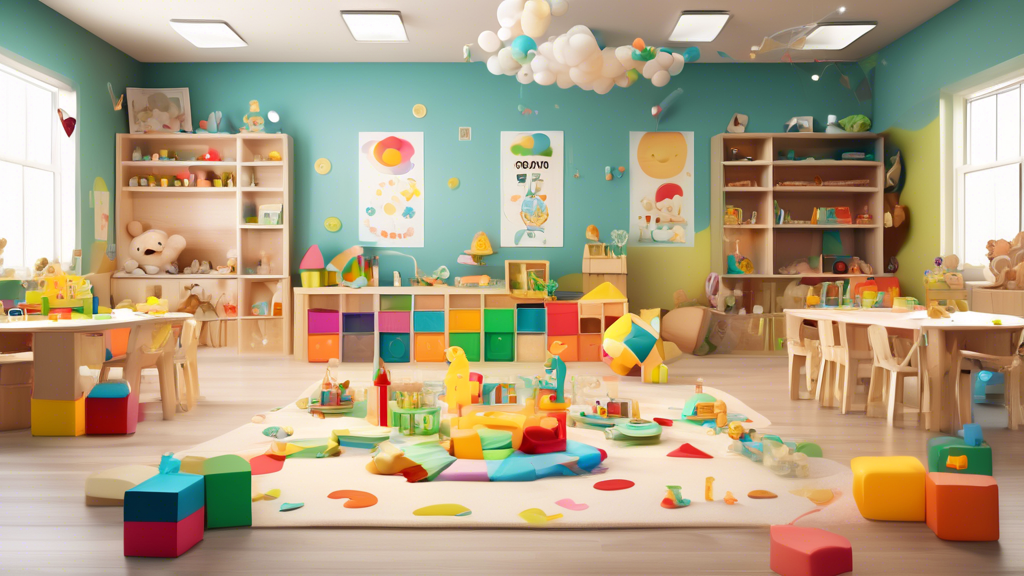 Create an image of a whimsical classroom designed specifically for infants, filled with interactive and colorful educational tools such as soft building blocks, musical toys, and sensory play mats. The scene should depict a nurturing environment that