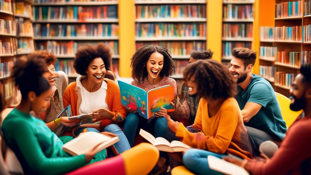 A vibrant and diverse community gathering in a colorful and welcoming library space, engaged in the joy of reading, sharing stories, and fostering a love of literature.