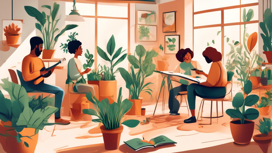 A nurturing environment filled with plants and natural light, where a diverse group of people are engaged in creative activities such as painting, writing, and music-making. The atmosphere is one of s