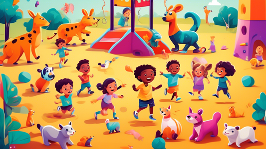 A group of children playing together in a colorful, interactive playground, surrounded by playful animals and friendly faces, symbolizing a playful and engaging environment for developing social skill