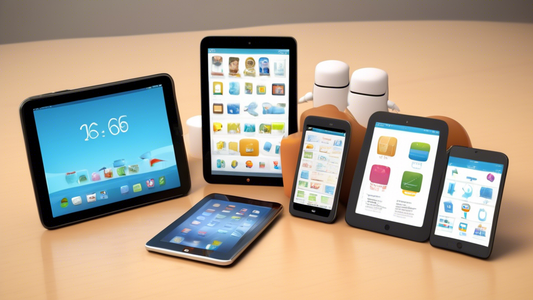 A photorealistic image of five different tablets or mobile devices, each displaying a different STEM-related app. The apps could include coding, robotics, physics simulations, or any other STEM-relate