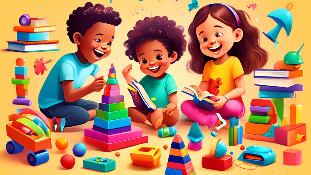 A vibrant and playful scene depicting children gleefully interacting with an array of colorful educational toys, surrounded by books and interactive learning tools, fostering cognitive growth and deve
