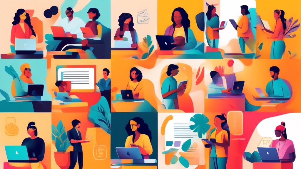 A collage of diverse students and professionals engaging with various online learning platforms, showcasing the accessibility and inclusivity of top online learning tools, with a vibrant and dynamic b