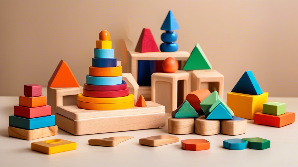 Create an image of a colorful array of Montessori sensorial toys, such as wooden stacking blocks, textured puzzle pieces, tactile sensory bins, and geometric sorting shapes, displayed in a neatly organized and visually appealing manner. Each toy shou