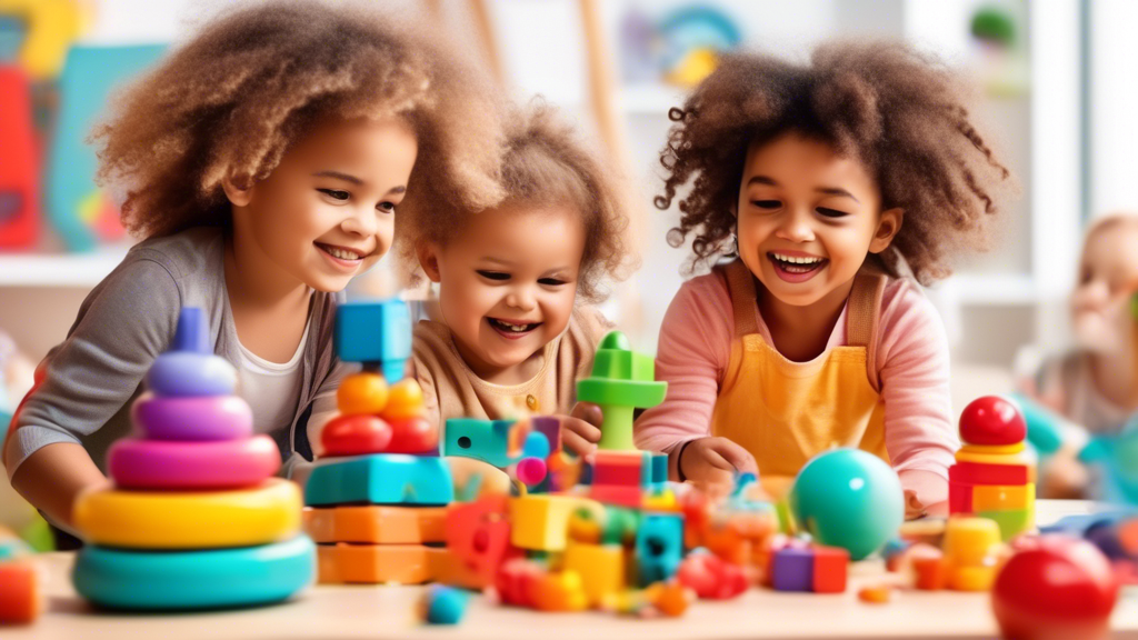 Generate an image of a group of toddlers playing interactively with colorful educational toys while being supervised by a smiling adult in a bright and child-friendly environment.