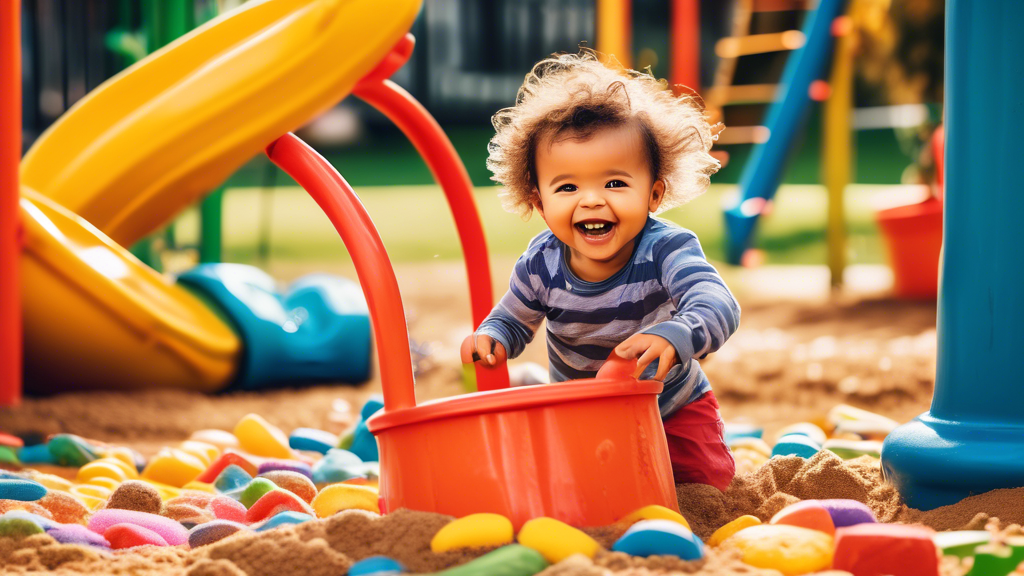 Create an image of a joyful toddler playing in a colorful outdoor playground filled with various engaging activities such as swings, slides, merry-go-round, and a sandbox. The scene exudes a sense of happiness, exploration, and pure childhood joy.