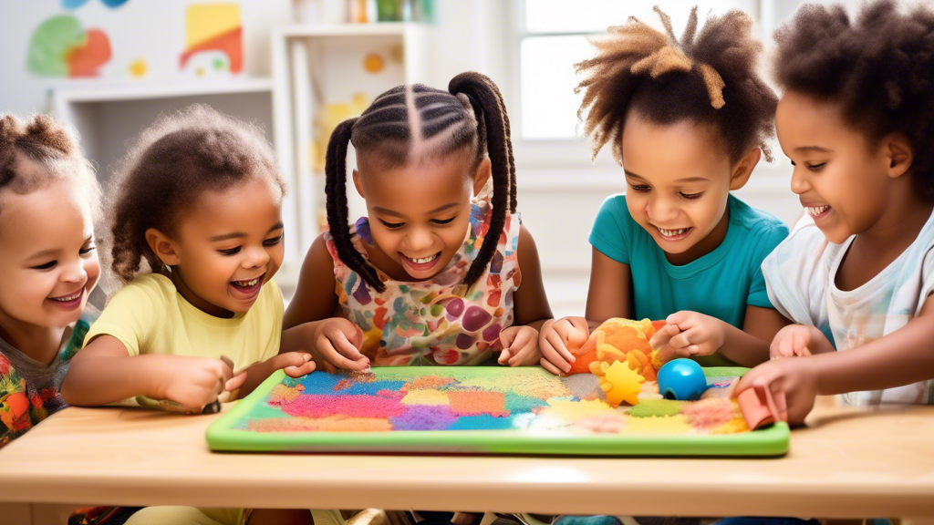Create an image of a diverse group of children engaging with interactive sensory tools, such as tactile puzzles, sensory bins, and colorful sensory play mats. Show the children laughing and exploring these tools, with a focus on their sensory experie