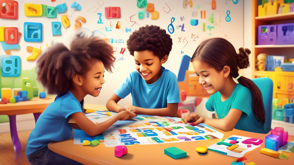 Create a vibrant and engaging image that captures the excitement of interactive math games for kids. Depict children of diverse backgrounds eagerly solving math puzzles, playing educational games, and