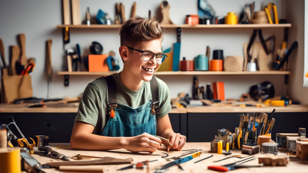 A teenager enthusiastically engaging in a hands-on DIY project, showcasing the joy of learning and creating, surrounded by tools and materials.