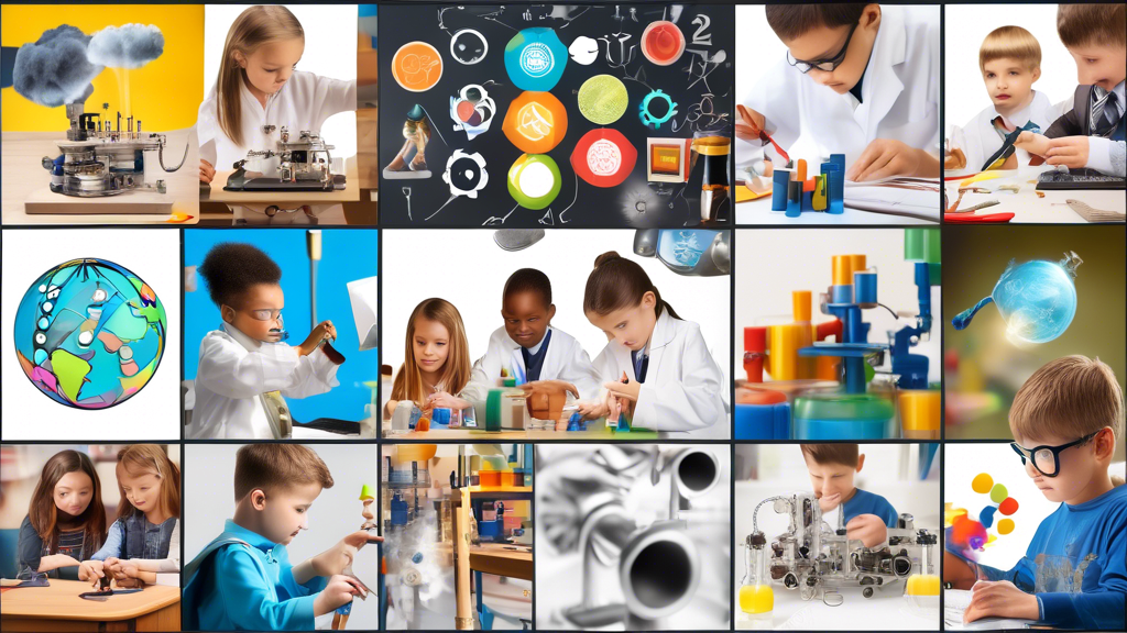 A collage of images that evoke the use of STEAM (Science, Technology, Engineering, Arts, and Math) in educational settings. Include elements such as children engaging in hands-on experiments, using di