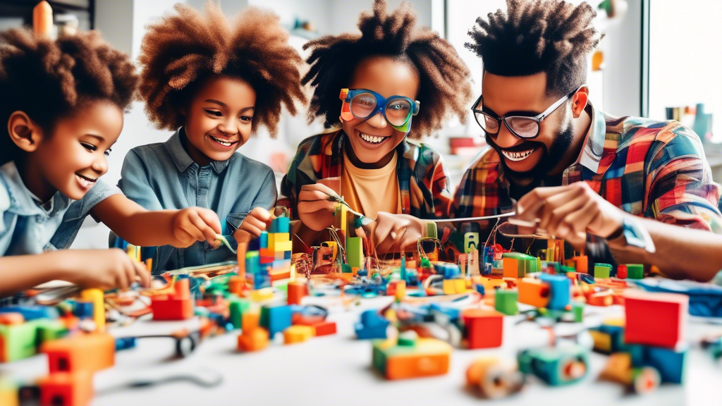 A group of people of all ages gathered around a table, engaged in a variety of STEAM activities. The table is covered in building blocks, circuits, and magnifying glasses, and the people are smiling a
