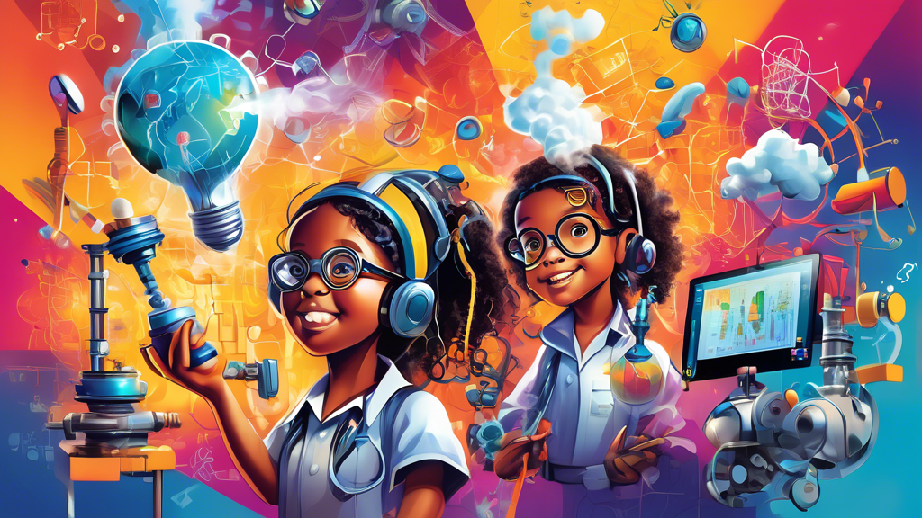 A vibrant and dynamic image that captures the essence of STEAM (Science, Technology, Engineering, Arts, and Math) education, showcasing its transformative impact on young minds. The image should conve