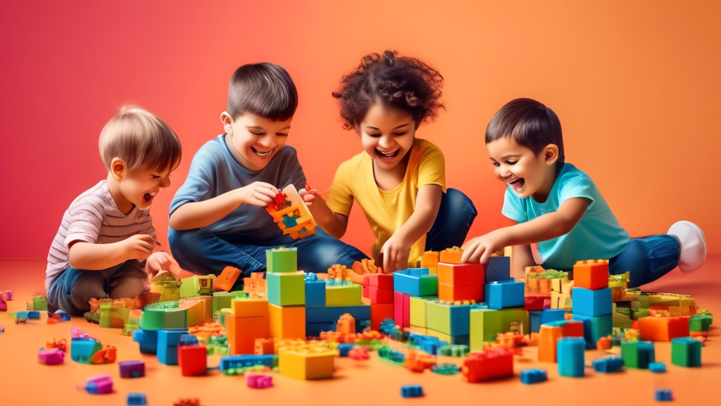 A creative scene depicting children joyfully collaborating to solve a puzzle, with building blocks, toys, and laughter filling the space.