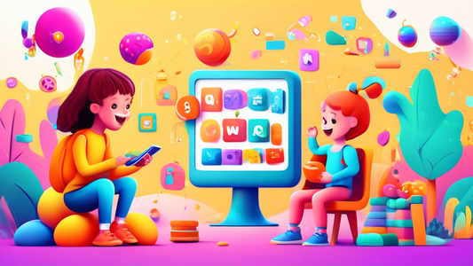 A colorful and engaging digital environment where young children are interacting with interactive educational tools and games. The environment is designed to be fun and engaging, with bright colors, p
