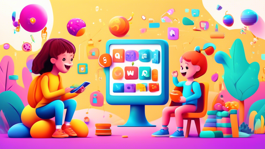 A colorful and engaging digital environment where young children are interacting with interactive educational tools and games. The environment is designed to be fun and engaging, with bright colors, p