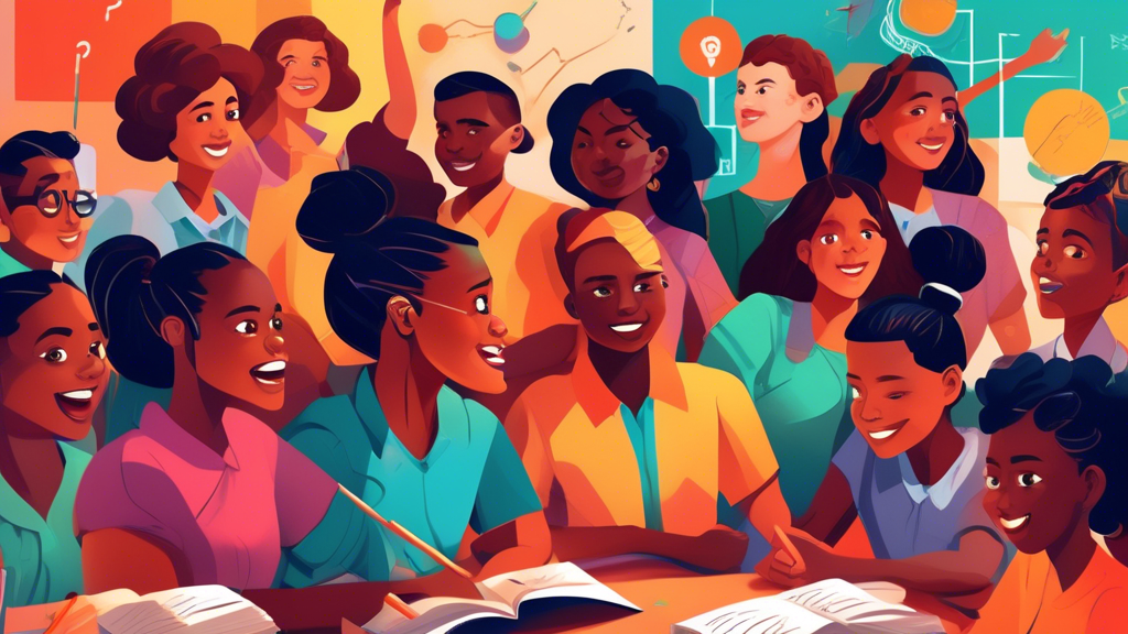 A vibrant and dynamic illustration of a group of diverse students and educators working together in a classroom, their faces filled with determination and perseverance. The image should convey a sense