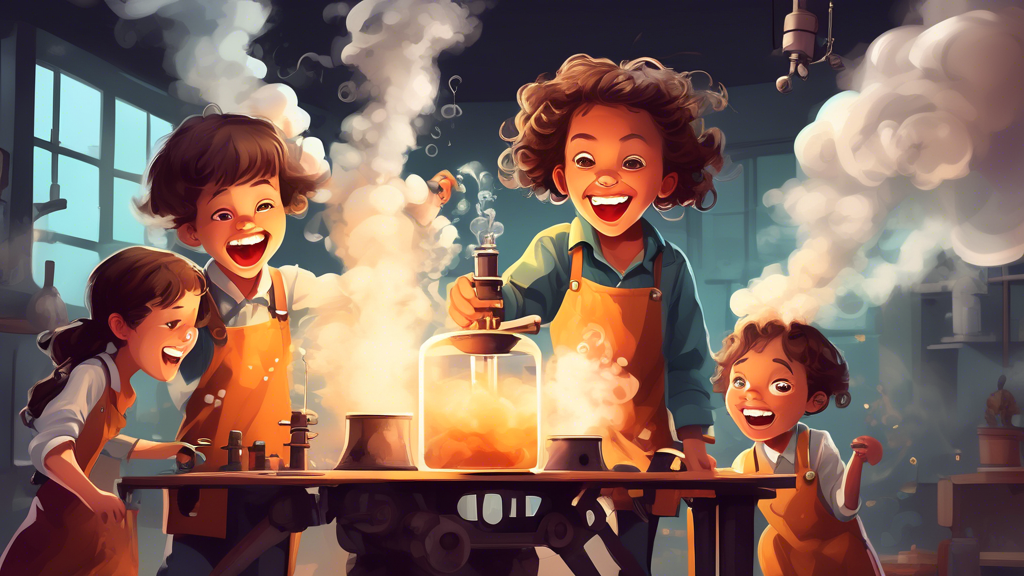 Create an image of children excitedly conducting a steam-powered experiment, with billowing steam and a sense of wonder and learning. Depict the children's expressions as vibrant and their movements a