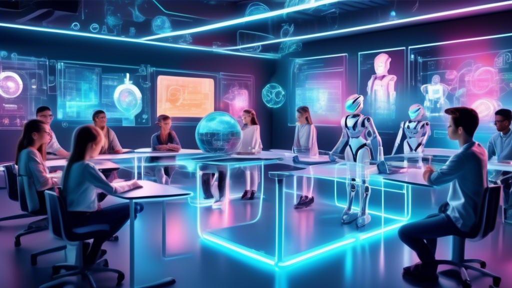 A futuristic classroom where students and teachers interact with holographic displays and robots, showcasing innovative e-learning solutions.
