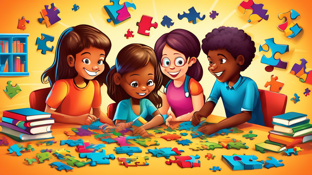 Create an educational puzzle scene where a group of students are working together to solve a challenging problem. Include elements such as different types of puzzles, books, brainstorming tools, and a diverse group of students with expressions of foc