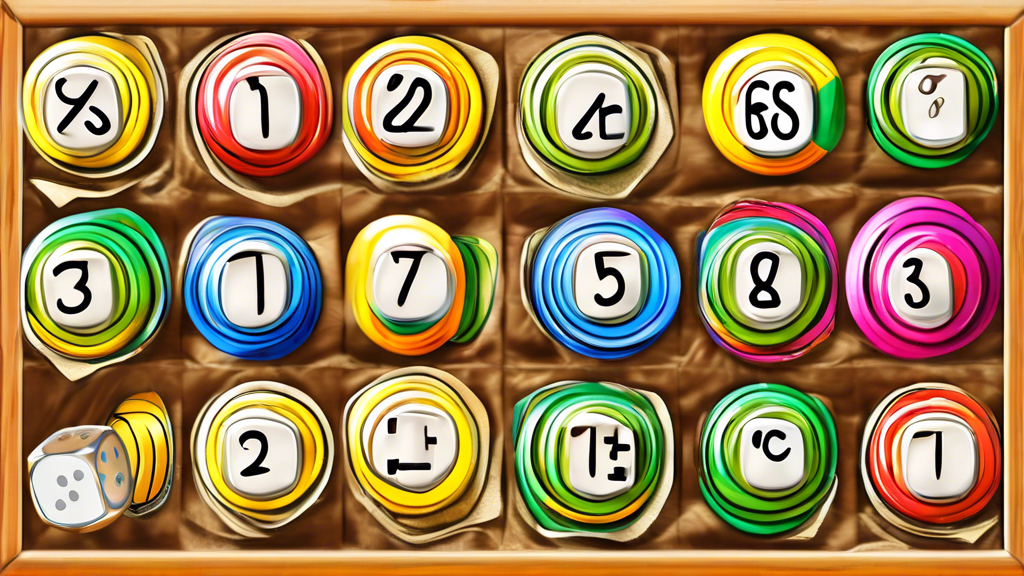Create an image of a colorful and engaging math board game that features various mathematical concepts, such as addition, subtraction, multiplication, and division, in a fun and interactive way. Include elements like dice, game pieces, and cards to e