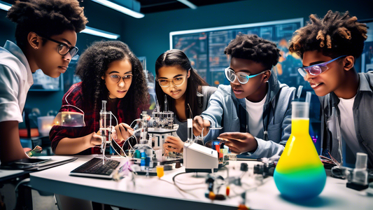 A group of diverse teenagers working together on a science project in a modern classroom, surrounded by scientific equipment and technology. The image should convey the challenges and excitement of ST