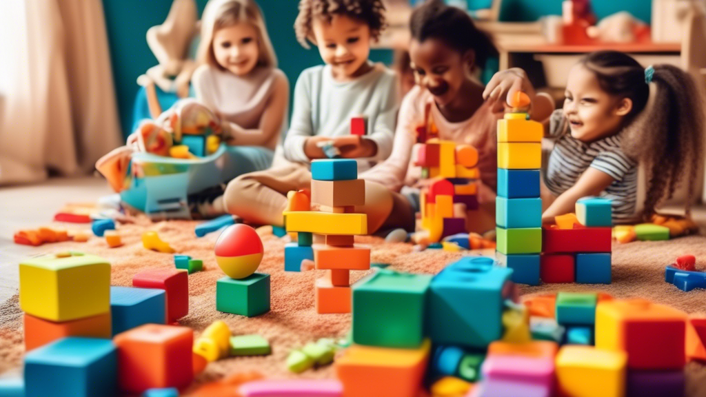 Create an image of a colorful and engaging play area for young children, with various educational toys and activities such as blocks, puzzles, books, and art supplies. Show children of different backgrounds and ages happily engaged in various activit