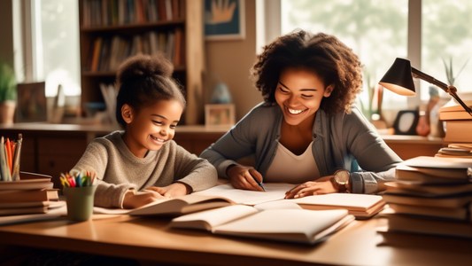 A cozy home study scene where a smiling child and parent sit side-by-side at a desk, surrounded by books and educational materials. The parent is engaged in teaching the child while the child shows cu
