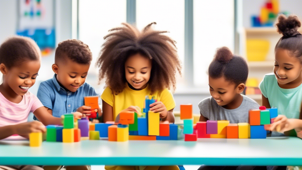 Create an image of a diverse group of young children engaged in hands-on STEM activities, such as building with blocks or conducting a simple science experiment, in a brightly colored and inviting early childhood classroom setting.