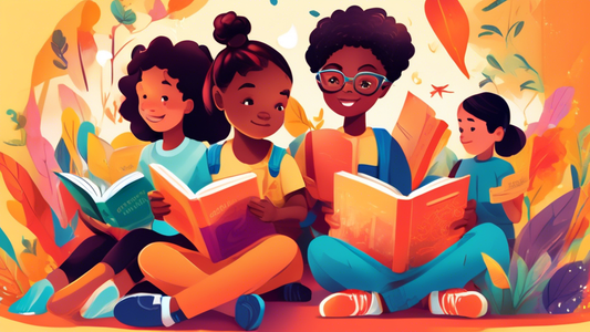 An illustration of diverse children reading books together, surrounded by a vibrant and inclusive environment, showcasing the importance of diversity in children's literature.