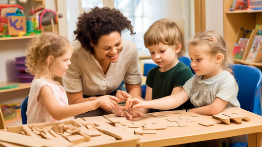 **Prompt:**

Two teachers, one Montessori and one Waldorf, in a playroom with children. The Montessori teacher is showing a child how to use sandpaper letters, while the Waldorf teacher is leading a g