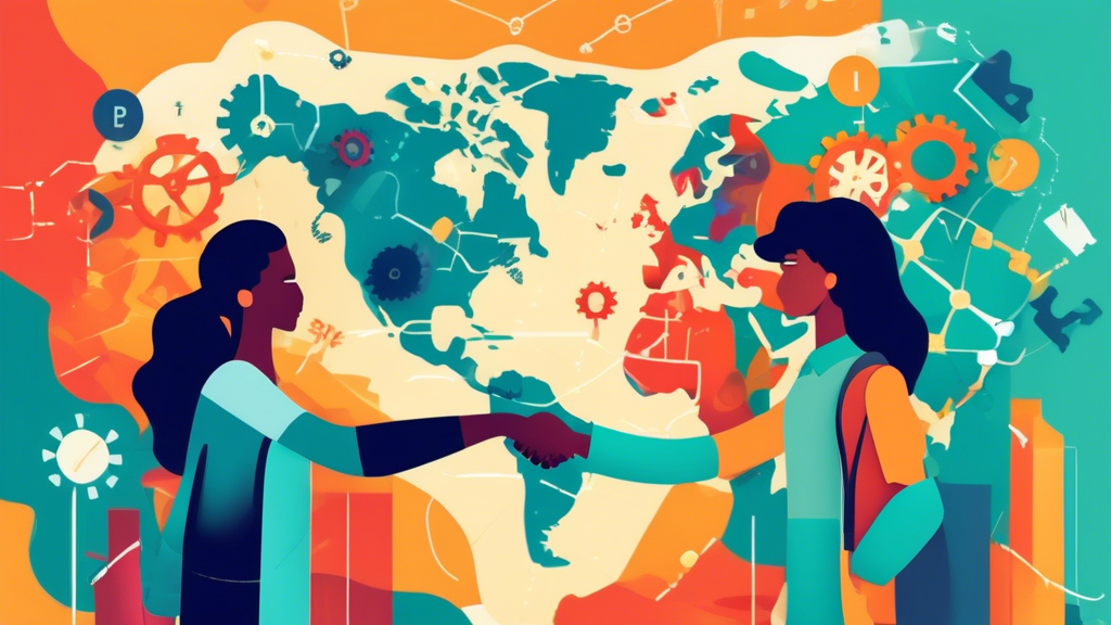 Create an image of two people shaking hands in front of a map of the world, symbolizing the importance of global partnerships. Include various symbols of collaboration, such as gears, puzzle pieces, a