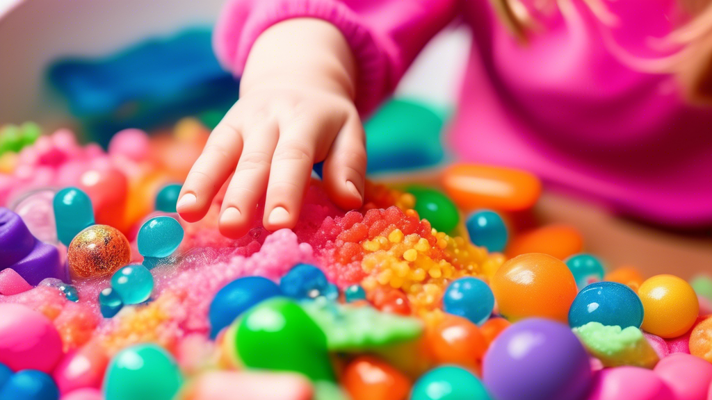 A child's hand reaching into a bin of colorful sensory materials, surrounded by other materials for sensory play, such as playdough, slime, and water beads.