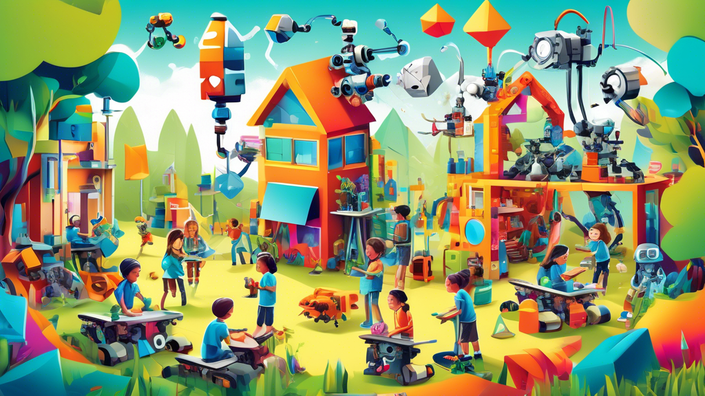 A vibrant and imaginative illustration of children engaged in a STEAM summer camp, surrounded by colorful building blocks, robotics, coding tools, and nature elements, highlighting the intersection of