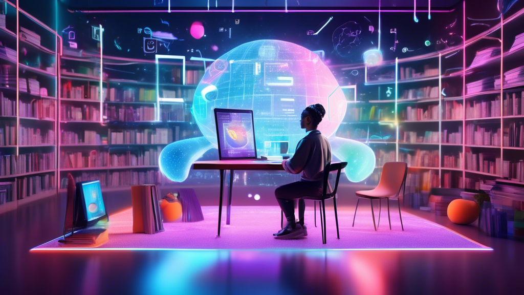 A virtual, futuristic classroom where a student is receiving personalized tutoring from an AI-powered tutor on a holographic screen, surrounded by books and learning materials. The tutor is adapting t
