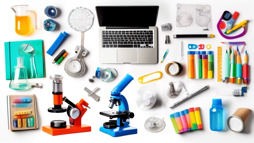 A collage of images representing affordable STEM tools for homeschooling, such as a magnifying glass, measuring tape, beakers, and a microscope, arranged on a table with a laptop and books in the back